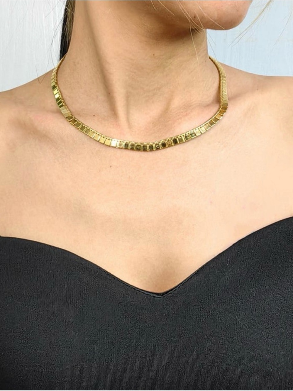 Vintage 1970s Monet Flat Square Link 22K Gold Plated Collar Necklace Signed 16”